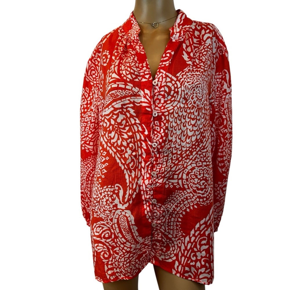 Chico's Top Women's Large 14 Orange White Paisley Button Up V Neck Ramie Shirt